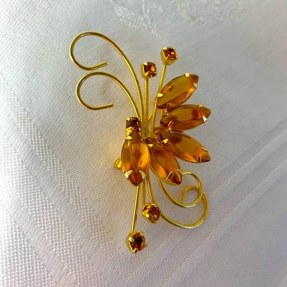 Vintage Amber Rhinestone Brooch Pin Gold Tone Large Marquise Small Square - Picture 2 of 12